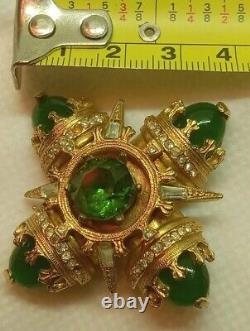 Vintage Emerald Green And Rhinestone Maltese Cross Brooch By Benedikt NY