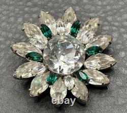 Vintage Emerald Green & Clear Crystal Rhinestone Flower Brooch Pin High End