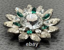 Vintage Emerald Green & Clear Crystal Rhinestone Flower Brooch Pin High End