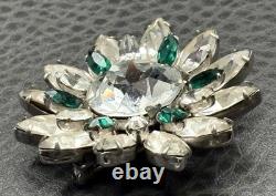 Vintage Emerald Green & Clear Crystal Rhinestone Flower Brooch Pin High End