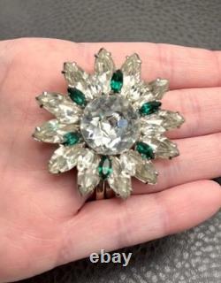 Vintage Emerald Green & Clear Crystal Rhinestone Flower Brooch Pin High End