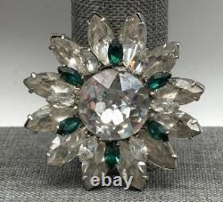 Vintage Emerald Green & Clear Crystal Rhinestone Flower Brooch Pin High End