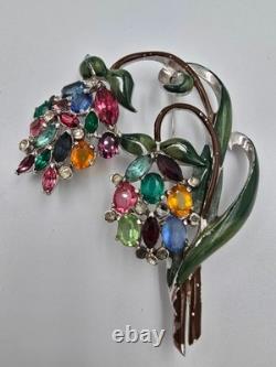 Vintage Enamel Pot Metal Flower Brooch Pin Multicolor Rhinestone Floral Bouquet