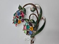 Vintage Enamel Pot Metal Flower Brooch Pin Multicolor Rhinestone Floral Bouquet
