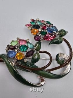 Vintage Enamel Pot Metal Flower Brooch Pin Multicolor Rhinestone Floral Bouquet