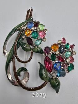 Vintage Enamel Pot Metal Flower Brooch Pin Multicolor Rhinestone Floral Bouquet