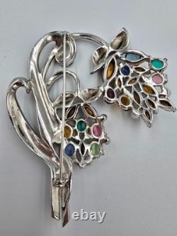 Vintage Enamel Pot Metal Flower Brooch Pin Multicolor Rhinestone Floral Bouquet