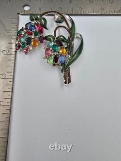 Vintage Enamel Pot Metal Flower Brooch Pin Multicolor Rhinestone Floral Bouquet
