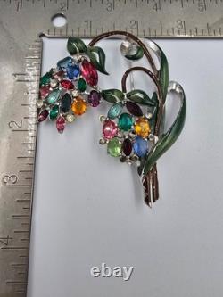 Vintage Enamel Pot Metal Flower Brooch Pin Multicolor Rhinestone Floral Bouquet