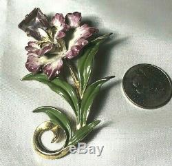 Vintage Enameled Figural Orchid Flower Lavender Large Rhinestone Brooch