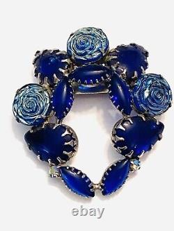 Vintage Estate 1960s Blue Molded Glass Rose Rhinestones Brooch RARE