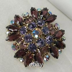 Vintage Estate Gold Tone Brooch Purple AB Rhinestones Open Backs Prong Set