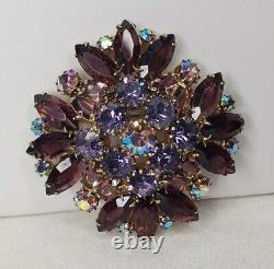 Vintage Estate Gold Tone Brooch Purple AB Rhinestones Open Backs Prong Set