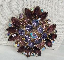 Vintage Estate Gold Tone Brooch Purple AB Rhinestones Open Backs Prong Set