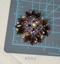 Vintage Estate Gold Tone Brooch Purple AB Rhinestones Open Backs Prong Set