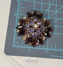 Vintage Estate Gold Tone Brooch Purple AB Rhinestones Open Backs Prong Set