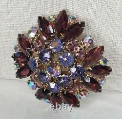 Vintage Estate Gold Tone Brooch Purple AB Rhinestones Open Backs Prong Set