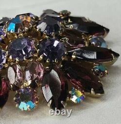 Vintage Estate Gold Tone Brooch Purple AB Rhinestones Open Backs Prong Set