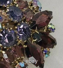 Vintage Estate Gold Tone Brooch Purple AB Rhinestones Open Backs Prong Set