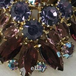 Vintage Estate Gold Tone Brooch Purple AB Rhinestones Open Backs Prong Set