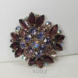 Vintage Estate Gold Tone Brooch Purple AB Rhinestones Open Backs Prong Set