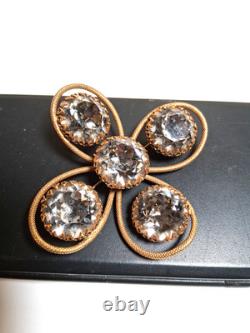 Vintage Estate Signed FREIRICH GOLD TONE Rhinestone Crystal Brooch Cross Clover