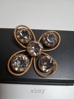 Vintage Estate Signed FREIRICH GOLD TONE Rhinestone Crystal Brooch Cross Clover