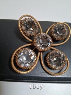 Vintage Estate Signed FREIRICH GOLD TONE Rhinestone Crystal Brooch Cross Clover