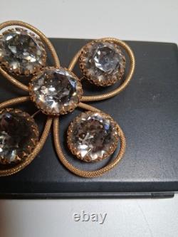 Vintage Estate Signed FREIRICH GOLD TONE Rhinestone Crystal Brooch Cross Clover