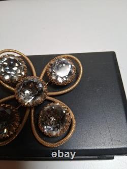 Vintage Estate Signed FREIRICH GOLD TONE Rhinestone Crystal Brooch Cross Clover