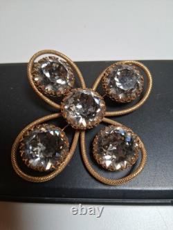 Vintage Estate Signed FREIRICH GOLD TONE Rhinestone Crystal Brooch Cross Clover