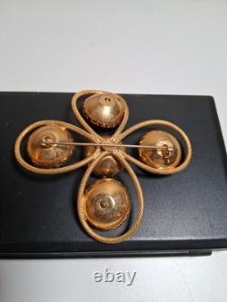 Vintage Estate Signed FREIRICH GOLD TONE Rhinestone Crystal Brooch Cross Clover