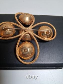 Vintage Estate Signed FREIRICH GOLD TONE Rhinestone Crystal Brooch Cross Clover