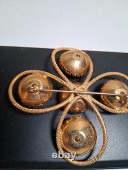 Vintage Estate Signed FREIRICH GOLD TONE Rhinestone Crystal Brooch Cross Clover