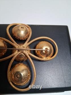 Vintage Estate Signed FREIRICH GOLD TONE Rhinestone Crystal Brooch Cross Clover