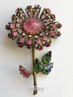 Vintage Estate Signed Schreiner New York Pink Rhinestone Flower Brooch Pin