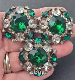 Vintage Extra Large Green Crystal Clear Rhinestone Brooch Pot Metal Signed READ