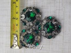 Vintage Extra Large Green Crystal Clear Rhinestone Brooch Pot Metal Signed READ