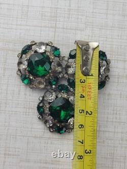 Vintage Extra Large Green Crystal Clear Rhinestone Brooch Pot Metal Signed READ