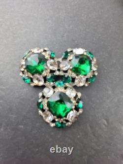 Vintage Extra Large Green Crystal Clear Rhinestone Brooch Pot Metal Signed READ