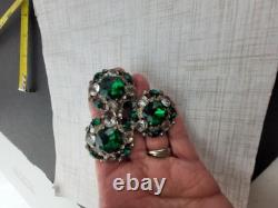 Vintage Extra Large Green Crystal Clear Rhinestone Brooch Pot Metal Signed READ