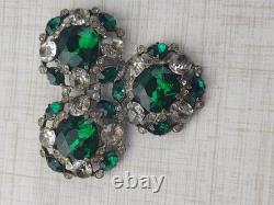 Vintage Extra Large Green Crystal Clear Rhinestone Brooch Pot Metal Signed READ