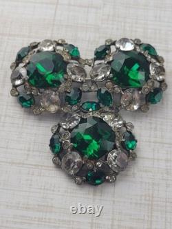 Vintage Extra Large Green Crystal Clear Rhinestone Brooch Pot Metal Signed READ