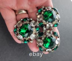Vintage Extra Large Green Crystal Clear Rhinestone Brooch Pot Metal Signed READ