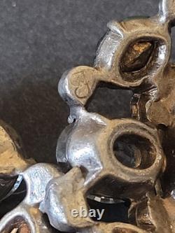 Vintage Extra Large Green Crystal Clear Rhinestone Brooch Pot Metal Signed READ