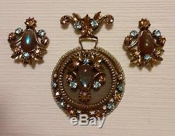 Vintage FLORENZA Saphiret Rhinestone Brooch Pin & Earrings Set Book Piece