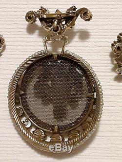 Vintage FLORENZA Saphiret Rhinestone Brooch Pin & Earrings Set Book Piece