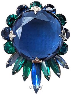 Vintage Faceted Rhinestone Brooch Blue Green Silver Tone Prong Set Unsigned