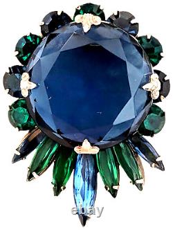 Vintage Faceted Rhinestone Brooch Blue Green Silver Tone Prong Set Unsigned