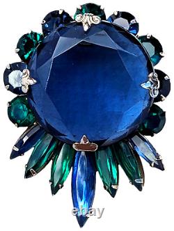 Vintage Faceted Rhinestone Brooch Blue Green Silver Tone Prong Set Unsigned